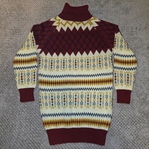 Women's Vintage Burgundy and Cream Patterned Turtleneck Sweater Dress